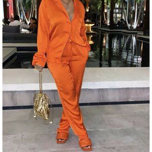 Women's Orange Satin Sleepwear Set